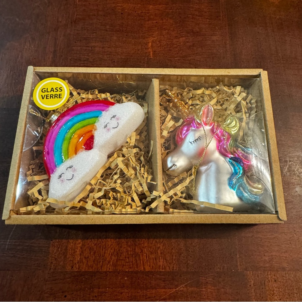 Glass Blown Unicorn and Rainbow Christmas Tree Ornaments New in Box